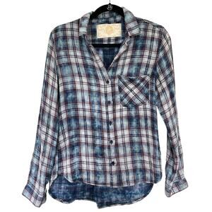 Bella Dahl (S) Blue Lived In Look Plaid Button Down Relaxed Fit Acid Wash Shirt